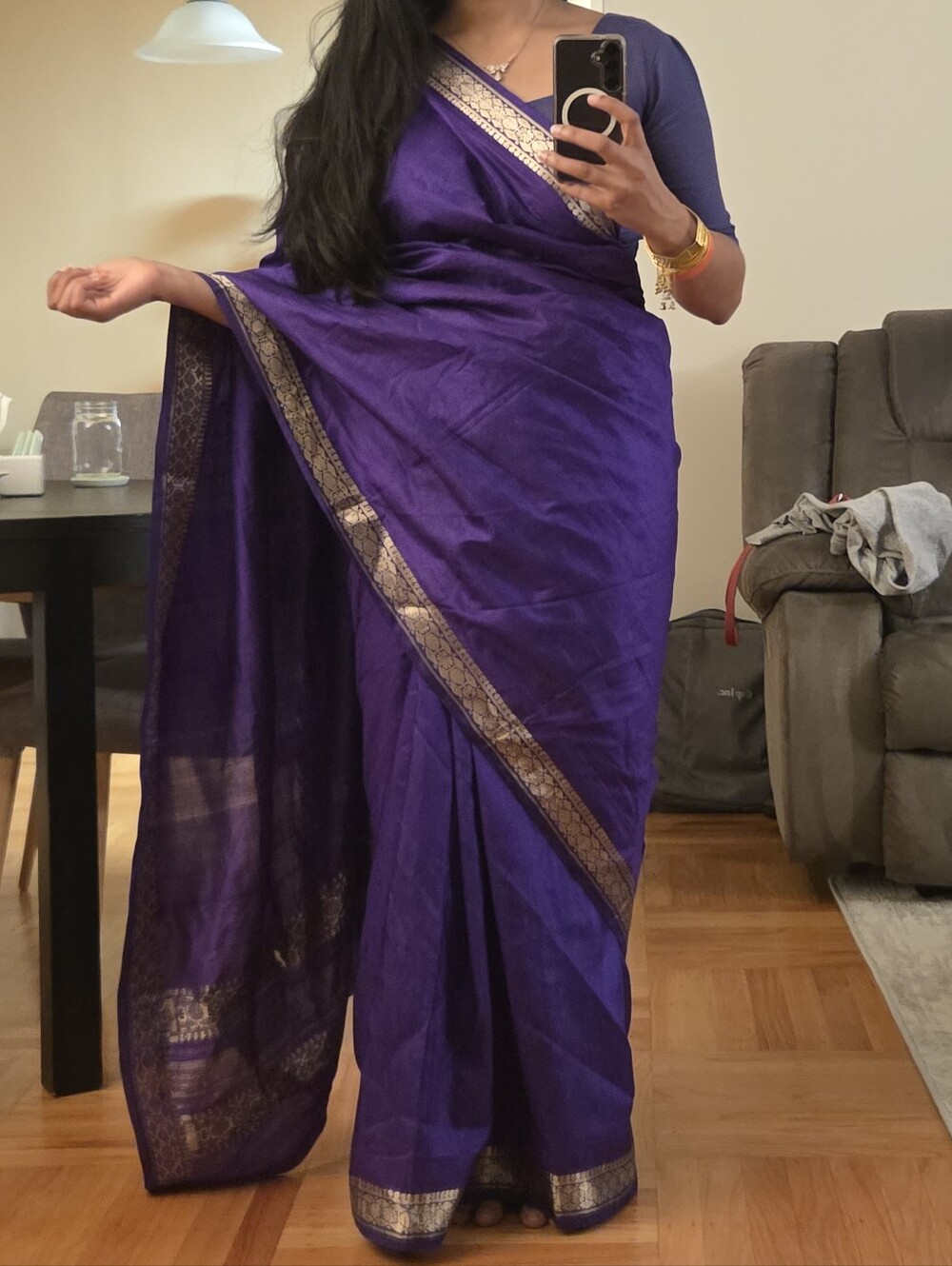 Silk Purple Sari with Gold Border & Matching Cotton Blouse